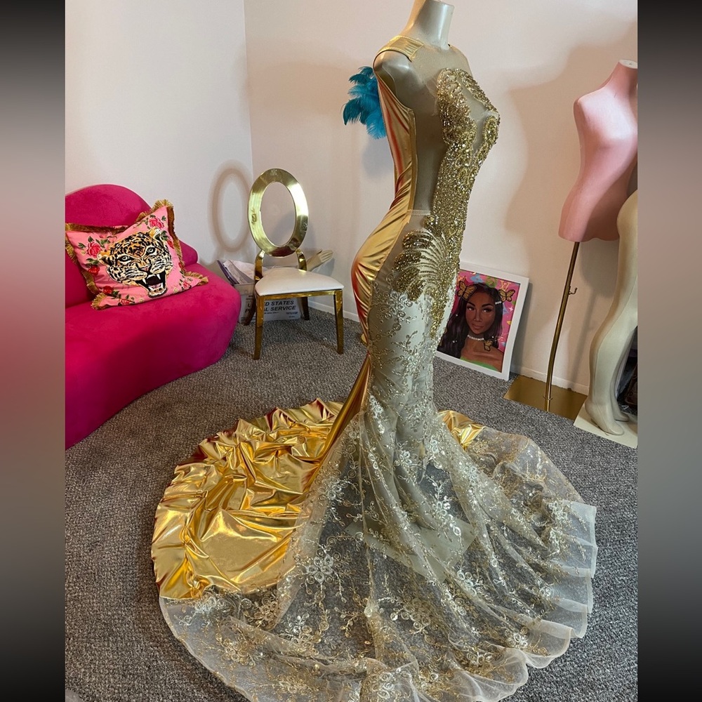 Prom Dress:::  size S ::: color gold:::gold stud on the dress
